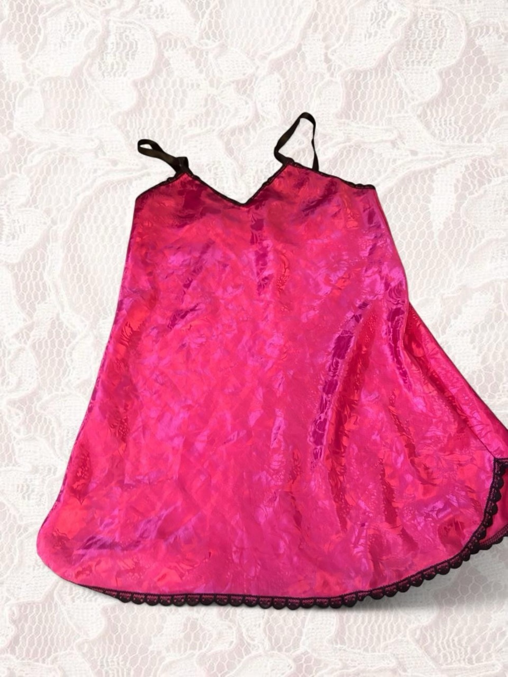 Women's Hot Pink Satin Slip Nightdress with Black Trim